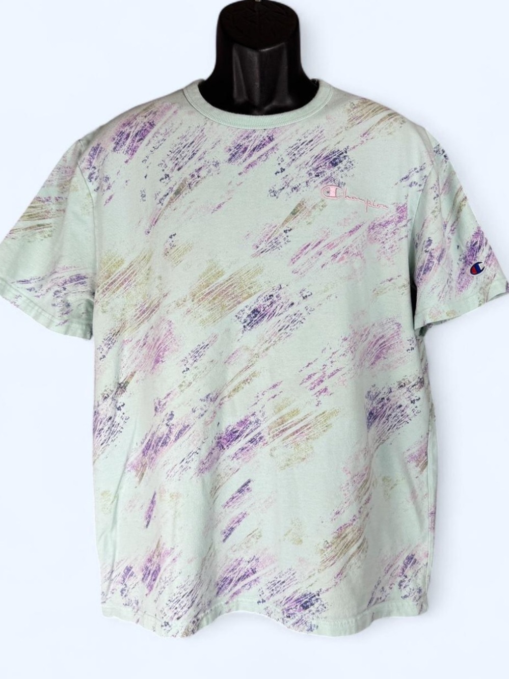 Champion Crayon Brushstroke Blur Retro AOP Abstract Tee Mint Purple Men’s Sz L